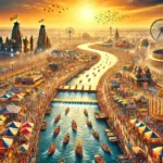 2025 प्रयाग कुंभ मेला का भव्य दृश्य जिसमें गंगा, यमुना और सरस्वती नदियों का त्रिवेणी संगम, पवित्र स्नान कर रहे श्रद्धालु, रंगीन तंबू और सूर्य की सुनहरी किरणों के साथ आध्यात्मिक वातावरण।